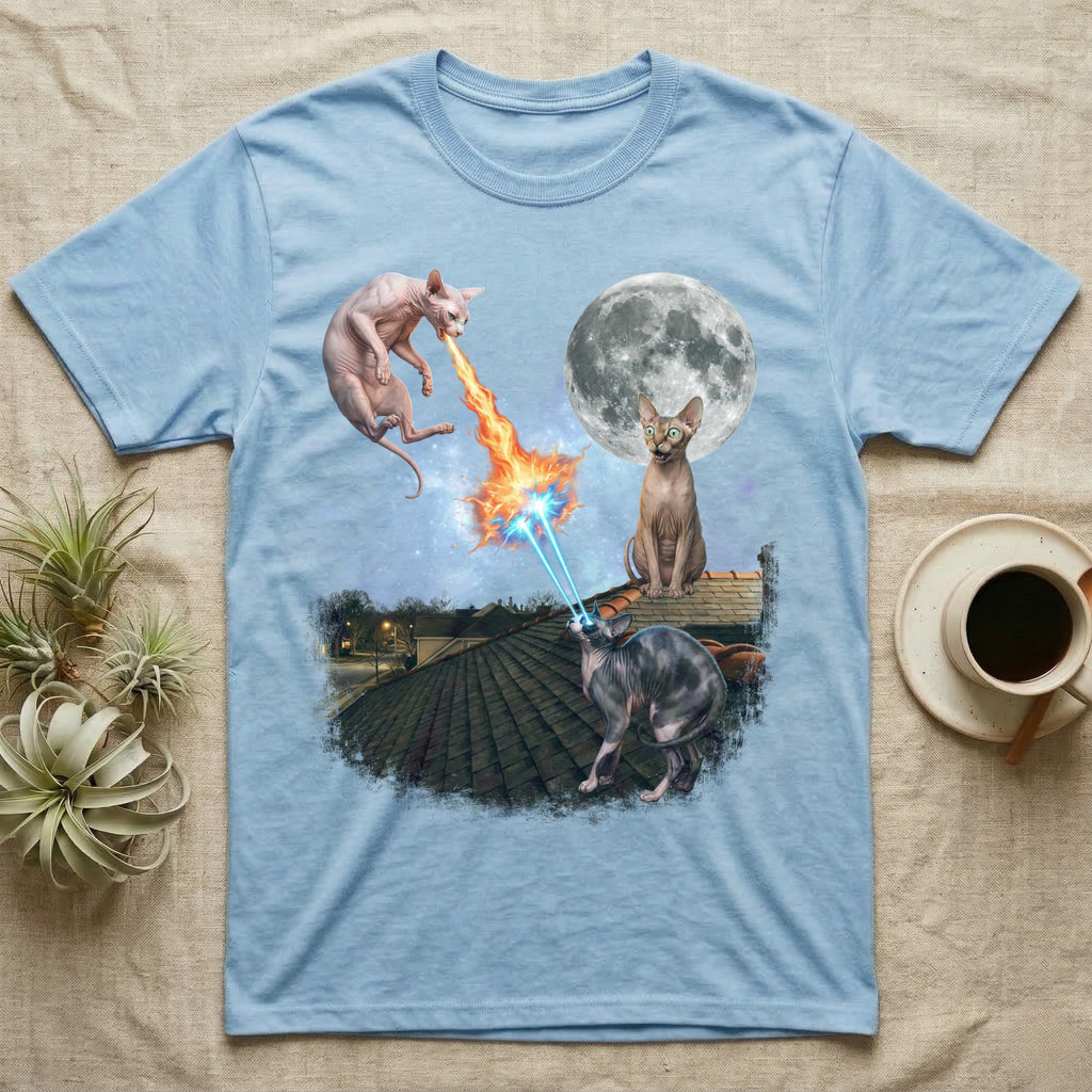Sphynx cats shooting lasers at the moon on a light blue t-shirt.