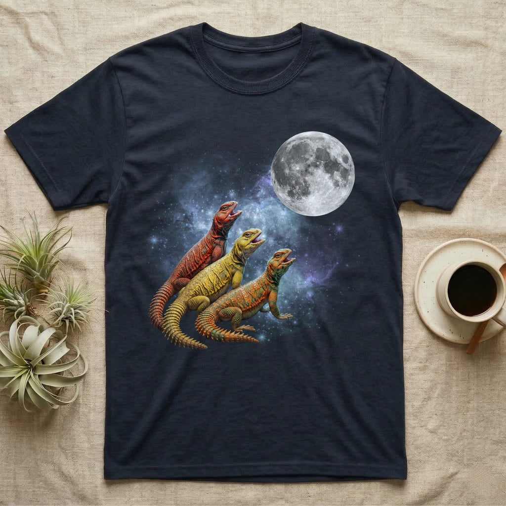 Uromastyx Moon Howl T-Shirt in Navy — Three Uromastyx colour morphs howling at a full moon over a nebula on a dark grey t-shirt.