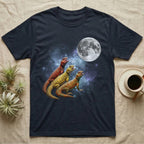 Uromastyx Moon Howl T-Shirt in Navy — Three Uromastyx colour morphs howling at a full moon over a nebula on a dark grey t-shirt.