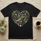 Black t-shirt with a heart-shaped floral design featuring a praying mantis.