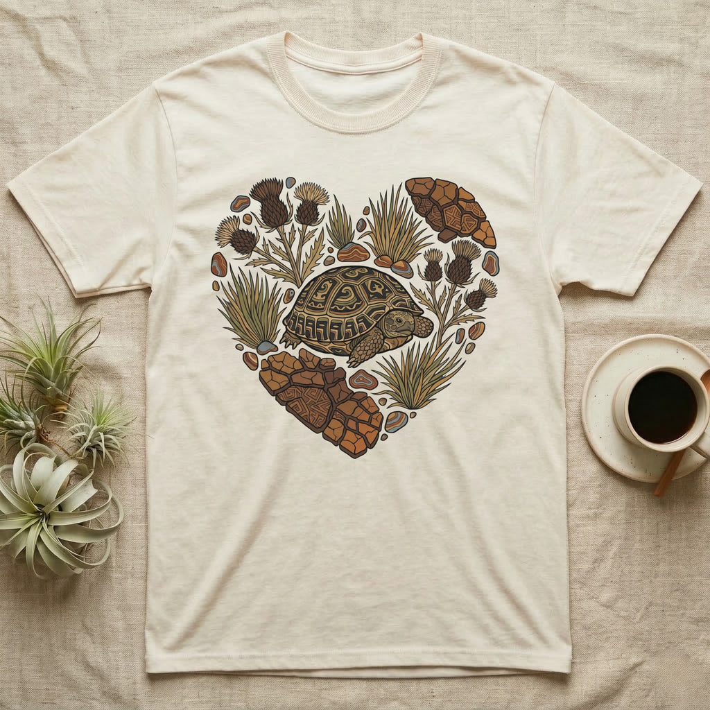 Cream t-shirt with a heart-shaped desert tortoise and plant graphic.