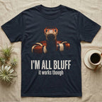 Deadpan mugshot of a banded milk snake on black, captioned I'm all bluff, it works though. — shown on a Navy tee.
