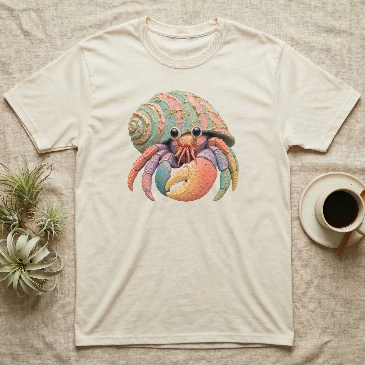 Cream t-shirt with cartoon hermit crab wearing a pastel striped shell.