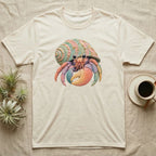 Cream t-shirt with cartoon hermit crab wearing a pastel striped shell.