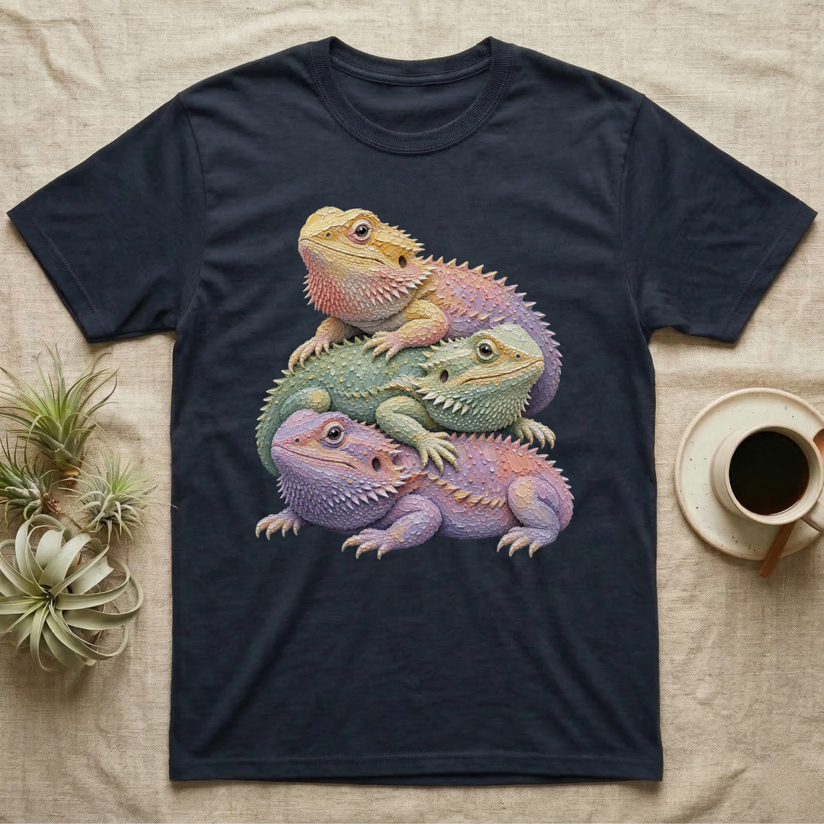 Three bearded dragons stacked on top of each other.