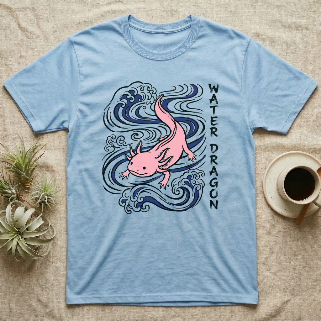 Light blue t-shirt with a pink axolotl and blue water waves, text reads "WATER DRAGON".