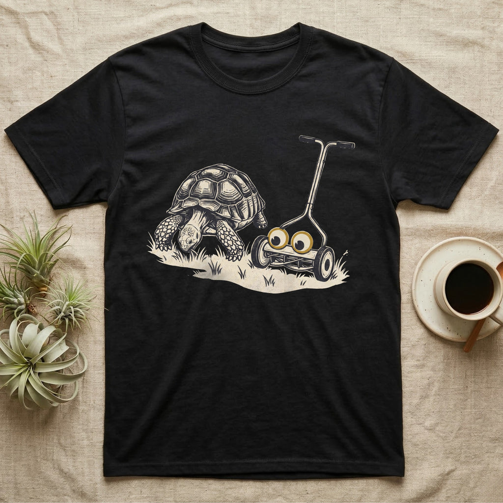 Tortoise Lawnmower Googly T-Shirt in Black — Linocut illustration of a sulcata tortoise grazing beside a push mower wearing oversized googly eyes.