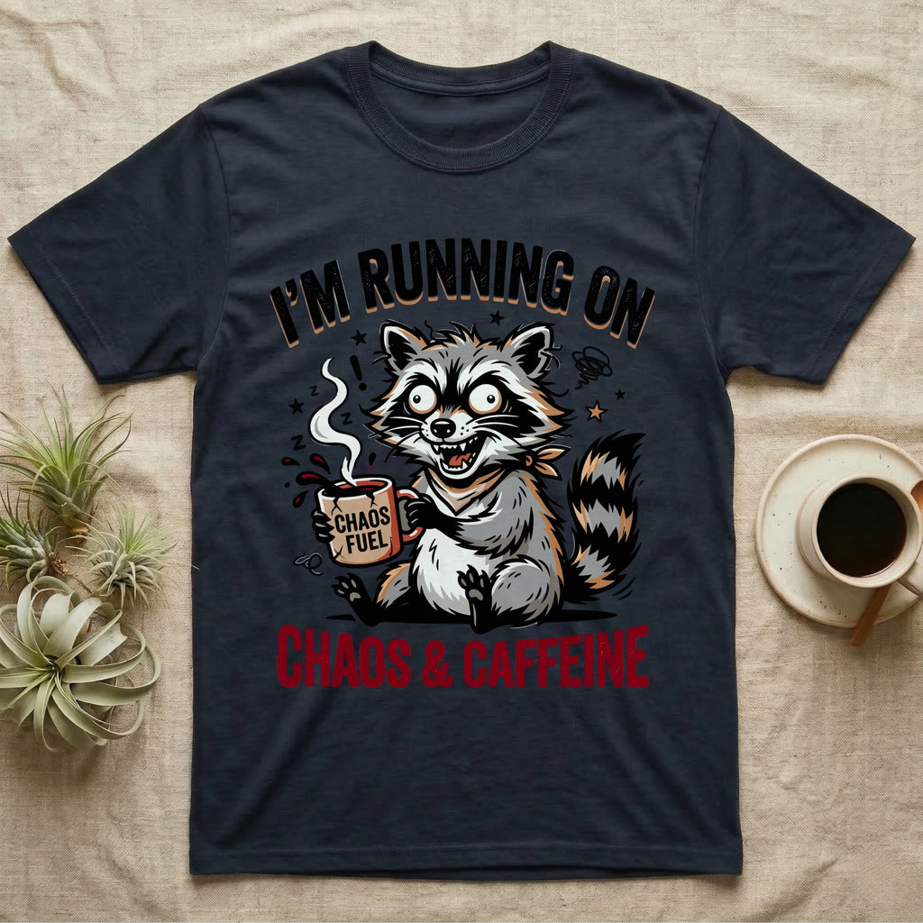 T-shirt with raccoon holding "Chaos Fuel" mug, text "I'M RUNNING ON CHAOS & CAFFEINE".