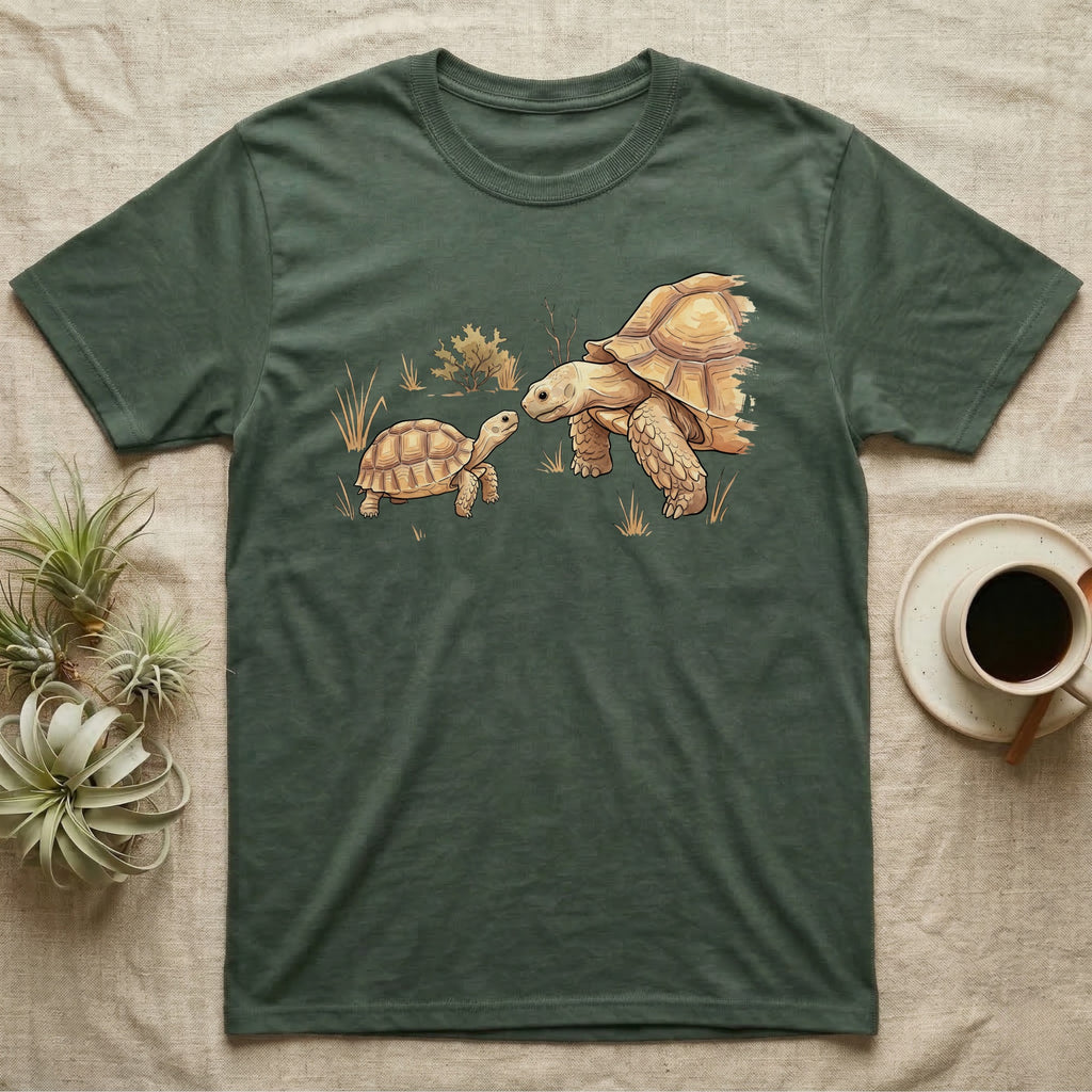 Sulcata Watercolour Profile T-Shirt in Military Green — Watercolour sulcata tortoise in left profile, broken ink outline, a thin line at head height ending in an ochre bloom