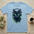 Black cat wearing green headphones, graphic design on light blue t-shirt.