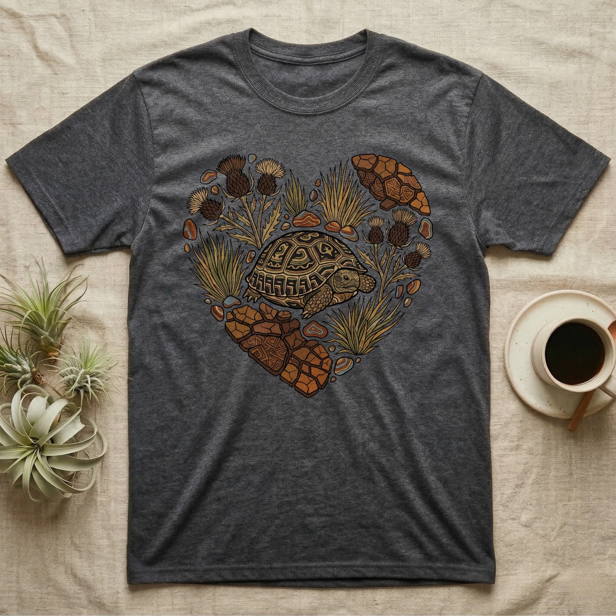 Dark grey t-shirt with a heart design of tortoises and desert plants.