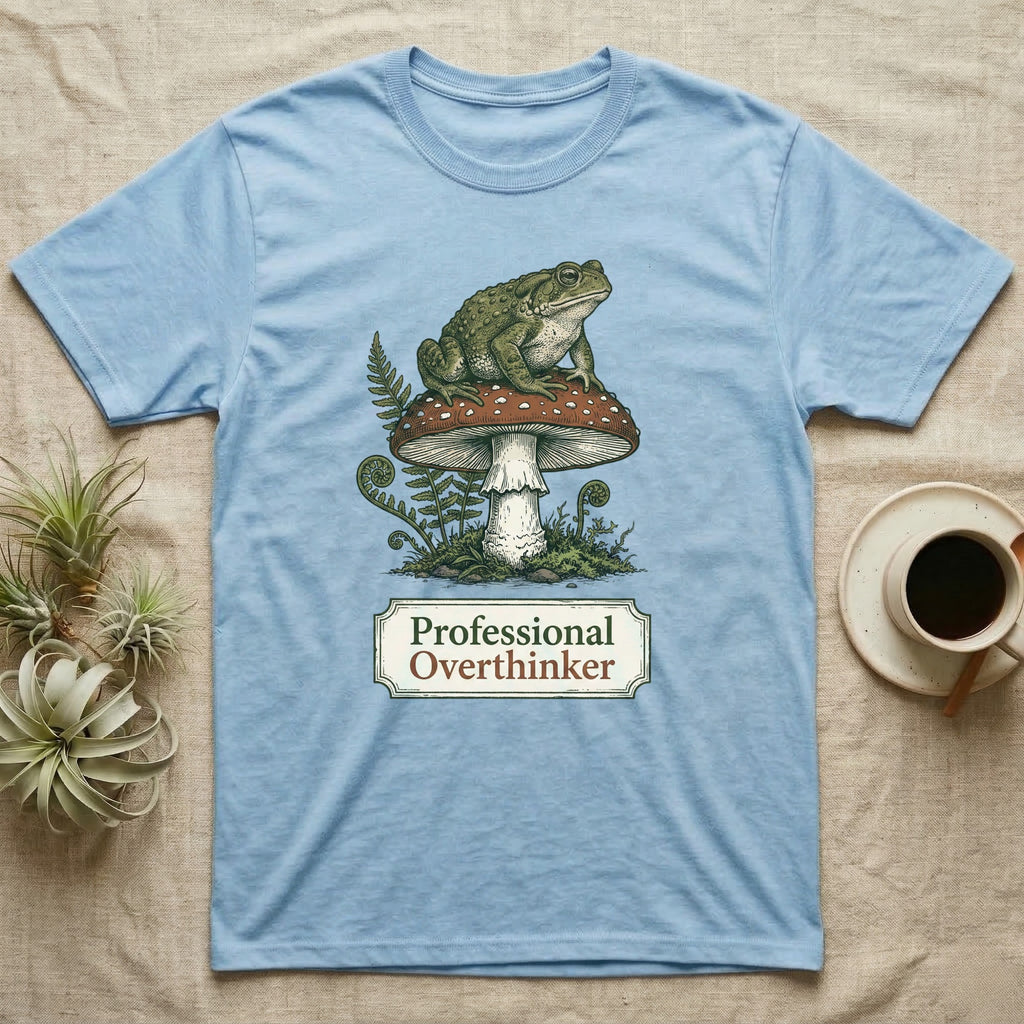 Light blue t-shirt with a toad sitting on a mushroom and "Professional Overthinker" text.