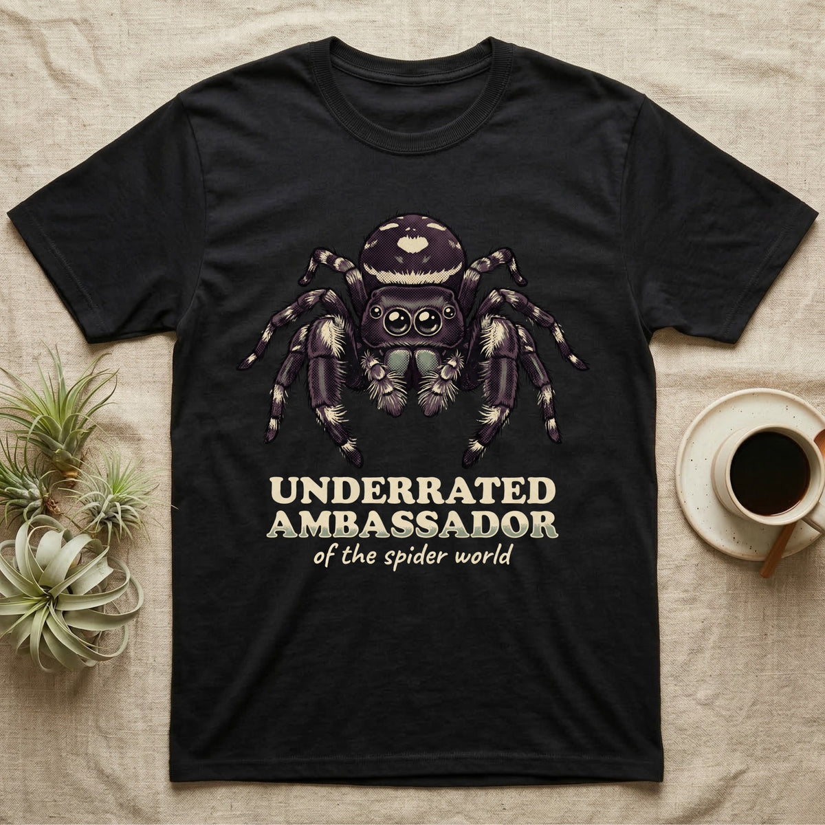 Underrated Ambassador Spider T-Shirt in Black — Soft creepy-cute portrait of a big-eyed jumping spider with hand-lettered text reading Underrated Ambassador of the Spider World.