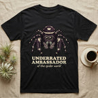 Underrated Ambassador Spider T-Shirt in Black — Soft creepy-cute portrait of a big-eyed jumping spider with hand-lettered text reading Underrated Ambassador of the Spider World.