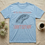 Hognose Fasting Season T-Shirt in Light Blue — Engraved western hognose snake head in profile, snout raised, under large retro lettering reading I DON'T EAT NOW.