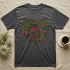 Dark gray t-shirt with a heart-shaped design of a salamander and leaves.