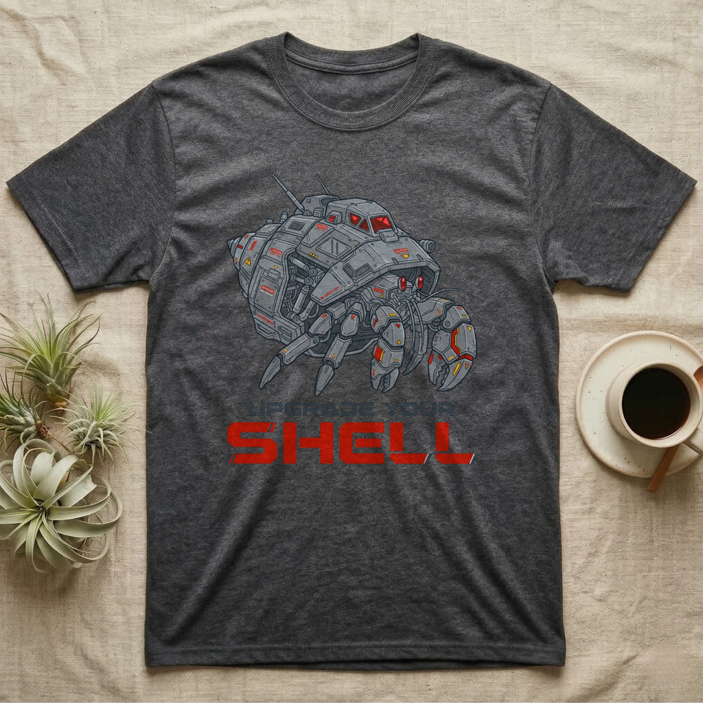 Dark grey t-shirt with "Upgrade Your Shell" graphic and robot crab design.