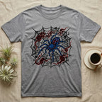 Grey t-shirt with a blue and red spider on a black web design.