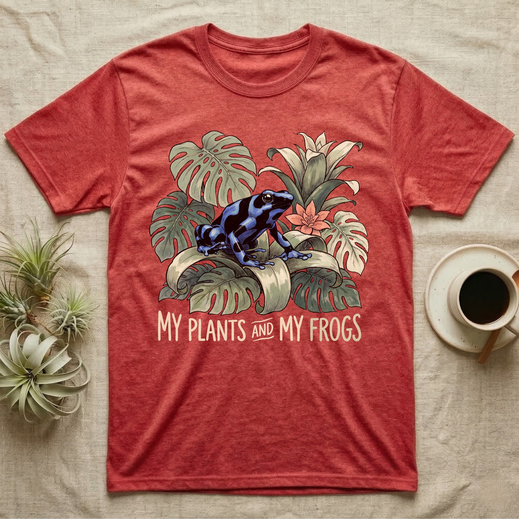 Plants And Frogs T-Shirt in Heather Red — Naturalist-plate illustration of a dart frog perched in lush foliage with hand-lettered text reading My Plants And My Frogs.