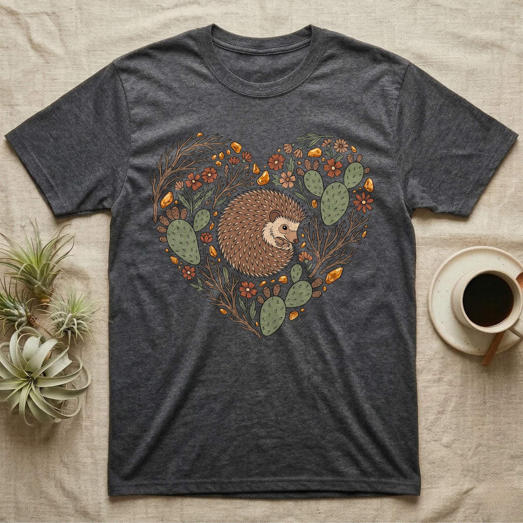 Dark grey t-shirt with a heart-shaped illustration of a hedgehog surrounded by cacti and flowers.