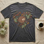 Dark grey t-shirt with a heart-shaped illustration of a hedgehog surrounded by cacti and flowers.