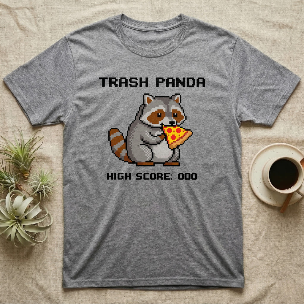 Pixel art raccoon eating pizza with text "TRASH PANDA HIGH SCORE: 000".