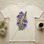 Leopard gecko on a branch with purple irises, on a cream t-shirt.