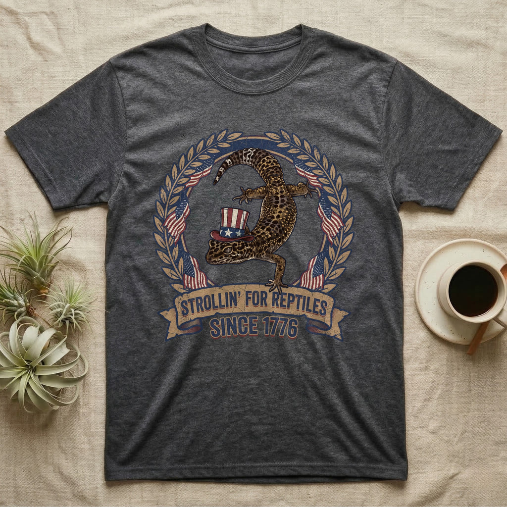 Leopard Gecko 1776 T-Shirt in Dark Heather — Vintage badge of a leopard gecko in an Uncle Sam hat with laurel wreath and flags, banner reading Strollin' For Reptiles Since 1776.