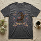 Leopard Gecko 1776 T-Shirt in Dark Heather — Vintage badge of a leopard gecko in an Uncle Sam hat with laurel wreath and flags, banner reading Strollin' For Reptiles Since 1776.