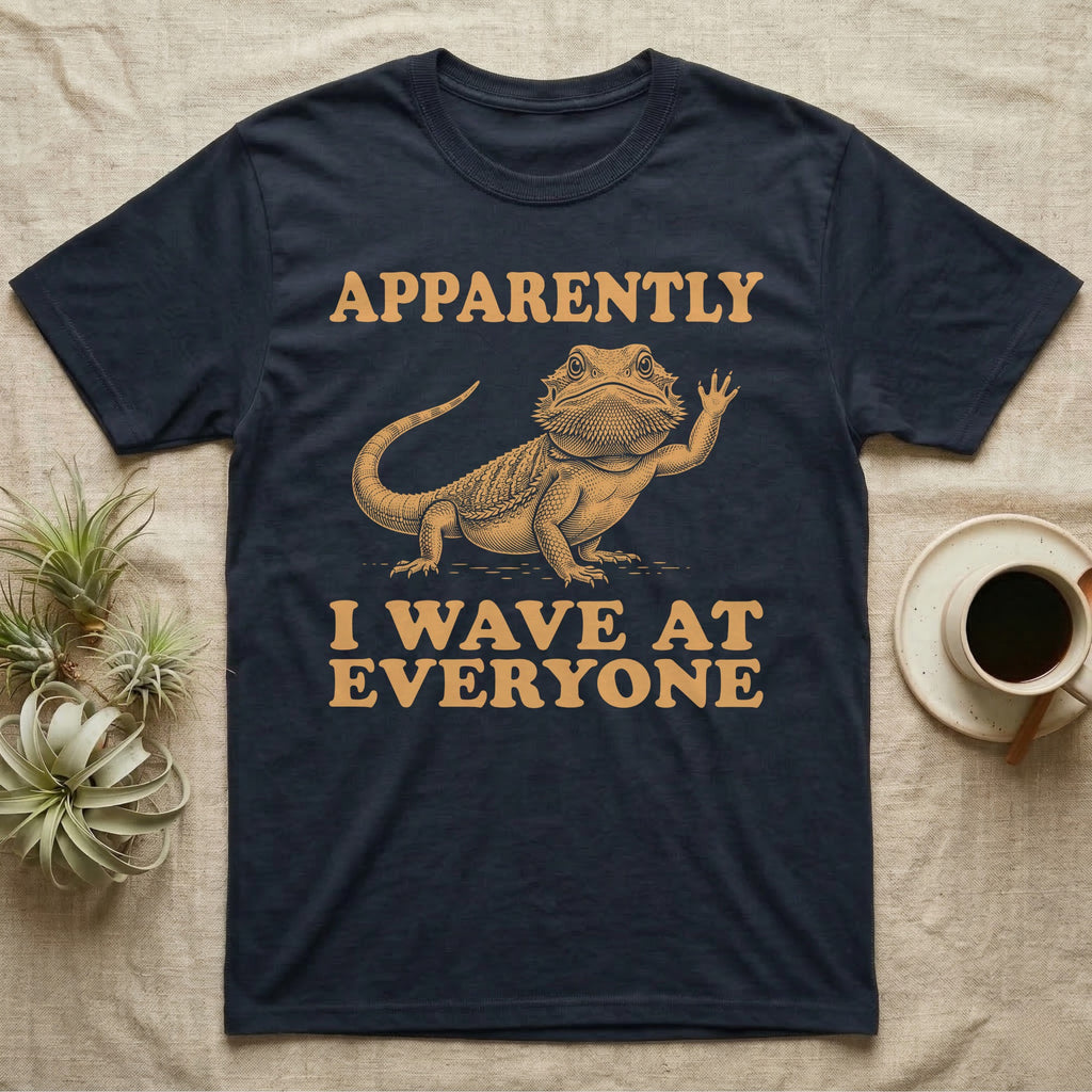 Bearded Dragon Engraving T-Shirt in Navy — Antique green engraving of a bearded dragon raising one arm between the words APPARENTLY and I WAVE AT EVERYONE