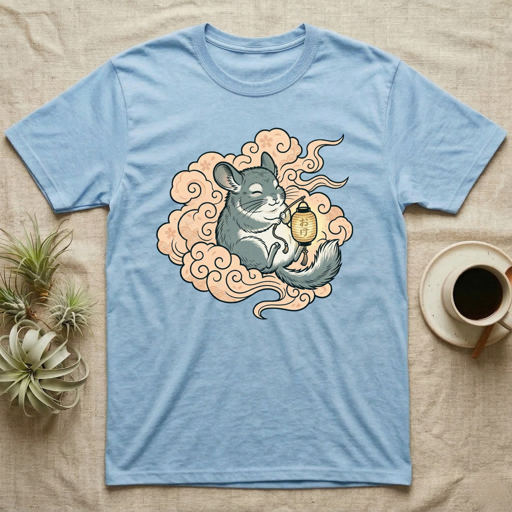 Light blue t-shirt with a chinchilla holding a lantern among clouds.