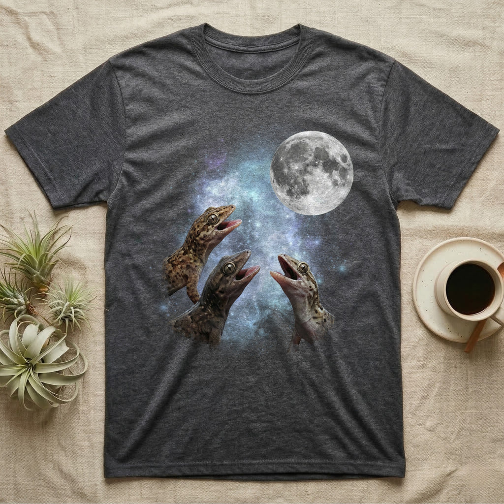Mourning Gecko Moon Howl T-Shirt in Dark Heather — Three Mourning Gecko colour morphs howling at a full moon over a nebula on a dark grey t-shirt.