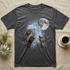 Mourning Gecko Moon Howl T-Shirt in Dark Heather — Three Mourning Gecko colour morphs howling at a full moon over a nebula on a dark grey t-shirt.