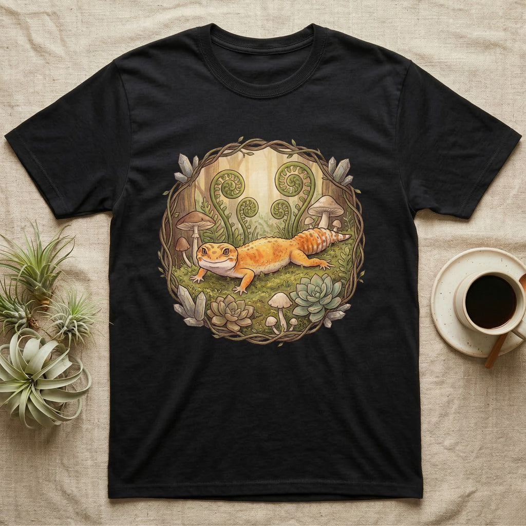 Black t-shirt with graphic of a gecko surrounded by plants and mushrooms.