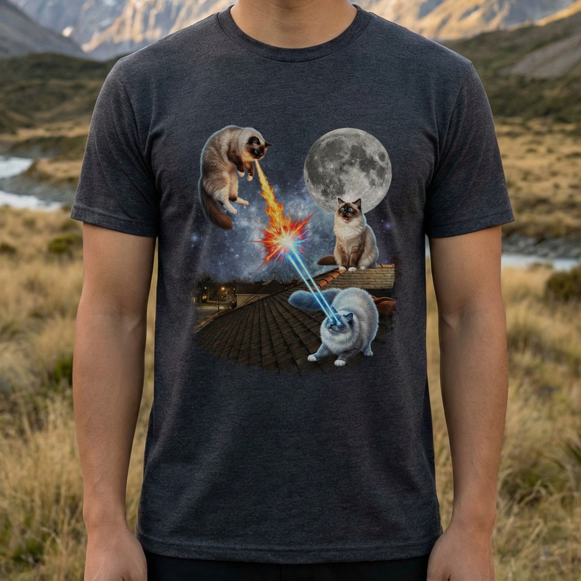 Cats in Space with Laser Eyes Black T-shirt