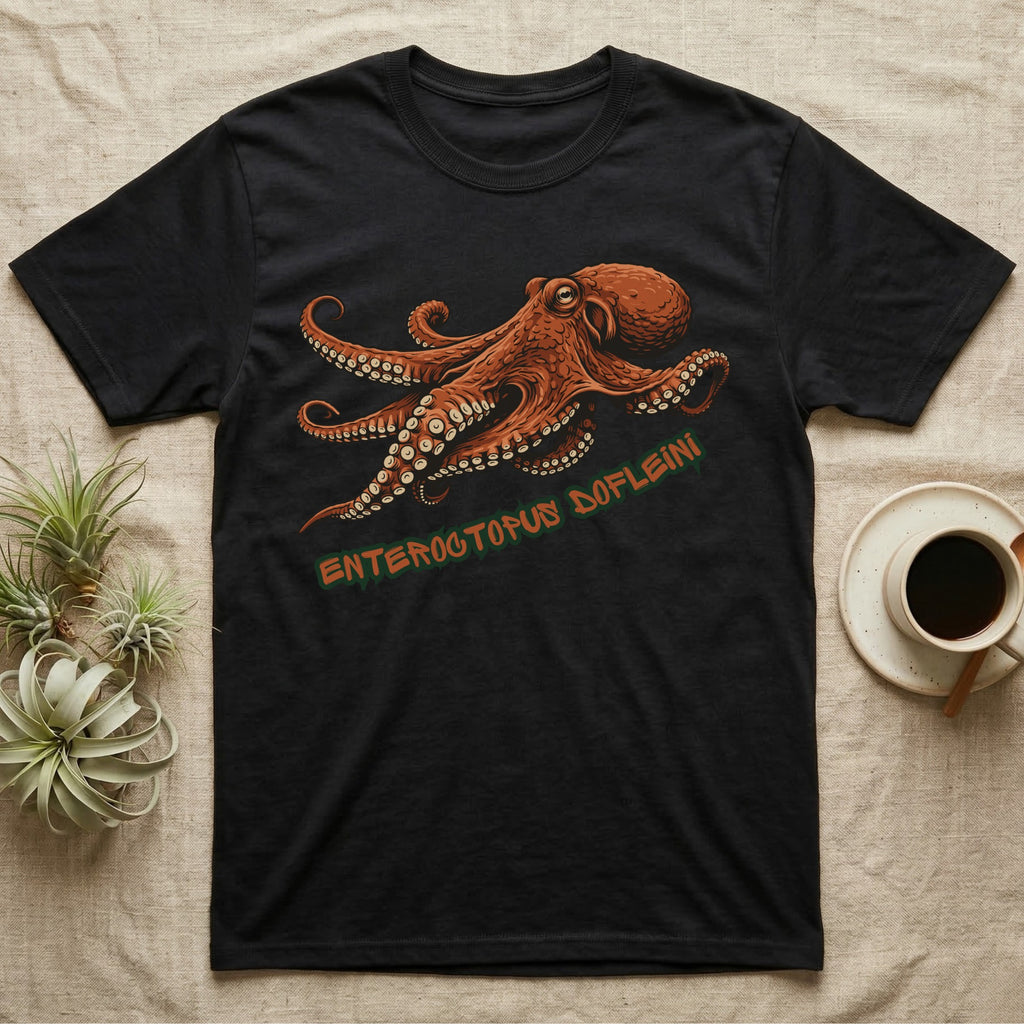 Black t-shirt with an orange octopus design and text "ENTERCTOPUS DOFLEINI".