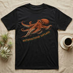 Black t-shirt with an orange octopus design and text "ENTERCTOPUS DOFLEINI".