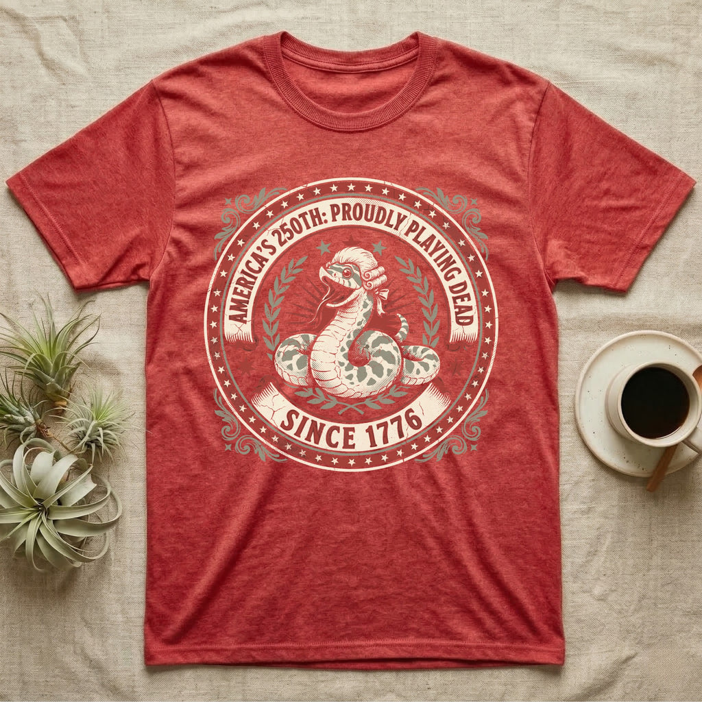 Hognose Snake 1776 Tee in Heather Red — Vintage circular seal of a hognose snake playing dead belly-up in a colonial wig, brick-red and cream emblem reading Proudly Playing Dead Since 1776.