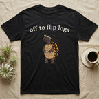 Box Turtle Herping T-Shirt in Black — Minimal doodle of an eastern box turtle standing upright in a headlamp holding a flashlight, under the words off to flip logs