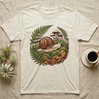 Garden Snail Moss Terrarium T-Shirt in Natural — Garden snail crossing moss inside a circular forest vignette of ferns, mushrooms, oak leaves and a beetle.