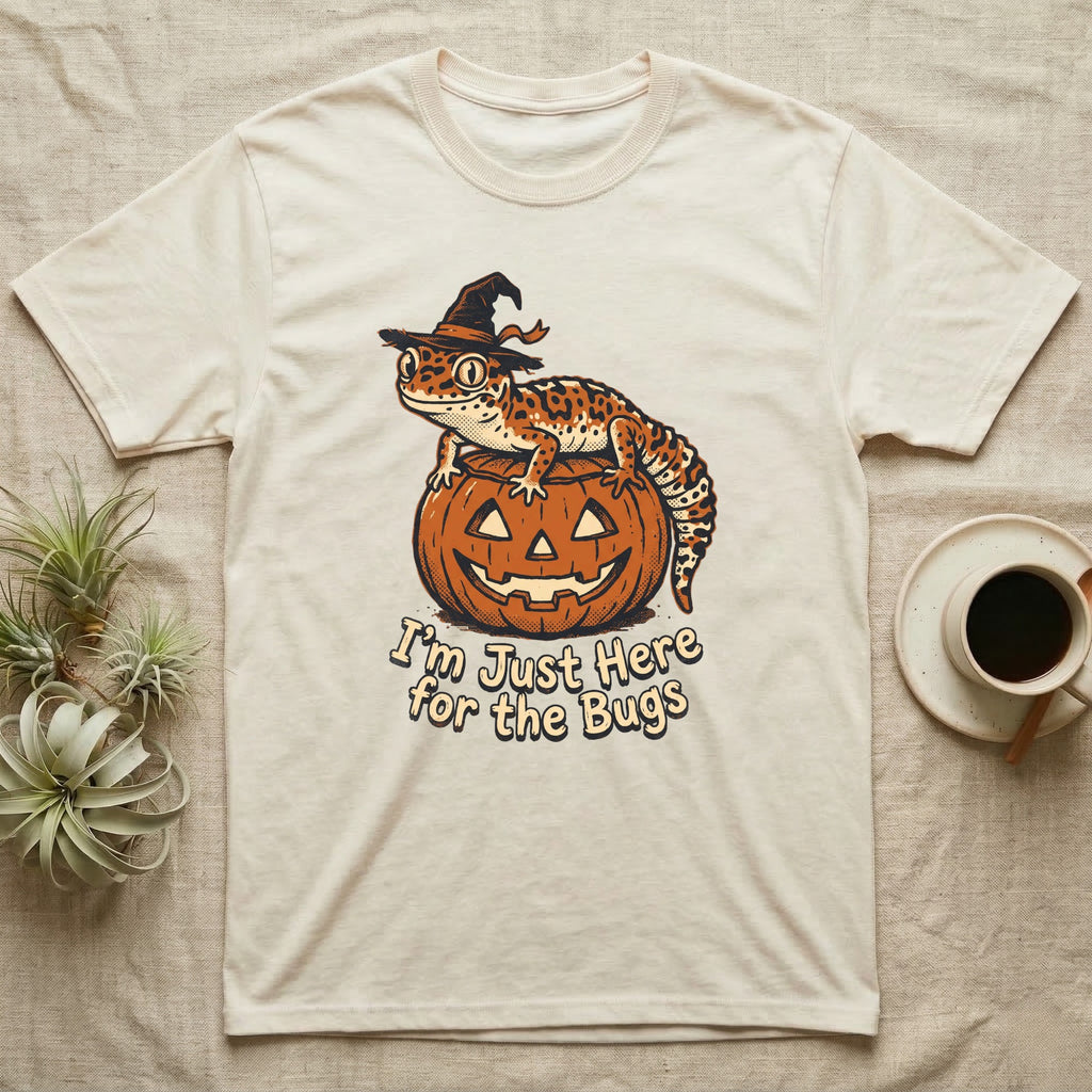Leopard Gecko Here For Bugs T-Shirt in Natural — Vintage cartoon leopard gecko in a witch hat on a jack-o'-lantern, "I'm Just Here for the Bugs."