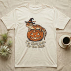 Leopard Gecko Here For Bugs T-Shirt in Natural — Vintage cartoon leopard gecko in a witch hat on a jack-o'-lantern, "I'm Just Here for the Bugs."