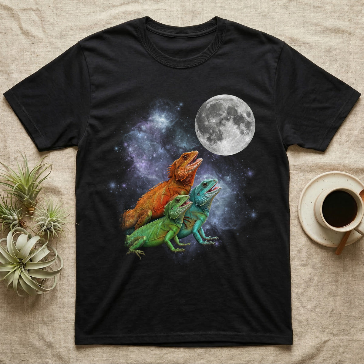 Chinese Water Dragon Moon Howl T-Shirt in Black — Three Chinese Water Dragon colour morphs howling at a full moon over a nebula on a dark grey t-shirt.