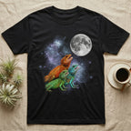 Chinese Water Dragon Moon Howl T-Shirt in Black — Three Chinese Water Dragon colour morphs howling at a full moon over a nebula on a dark grey t-shirt.