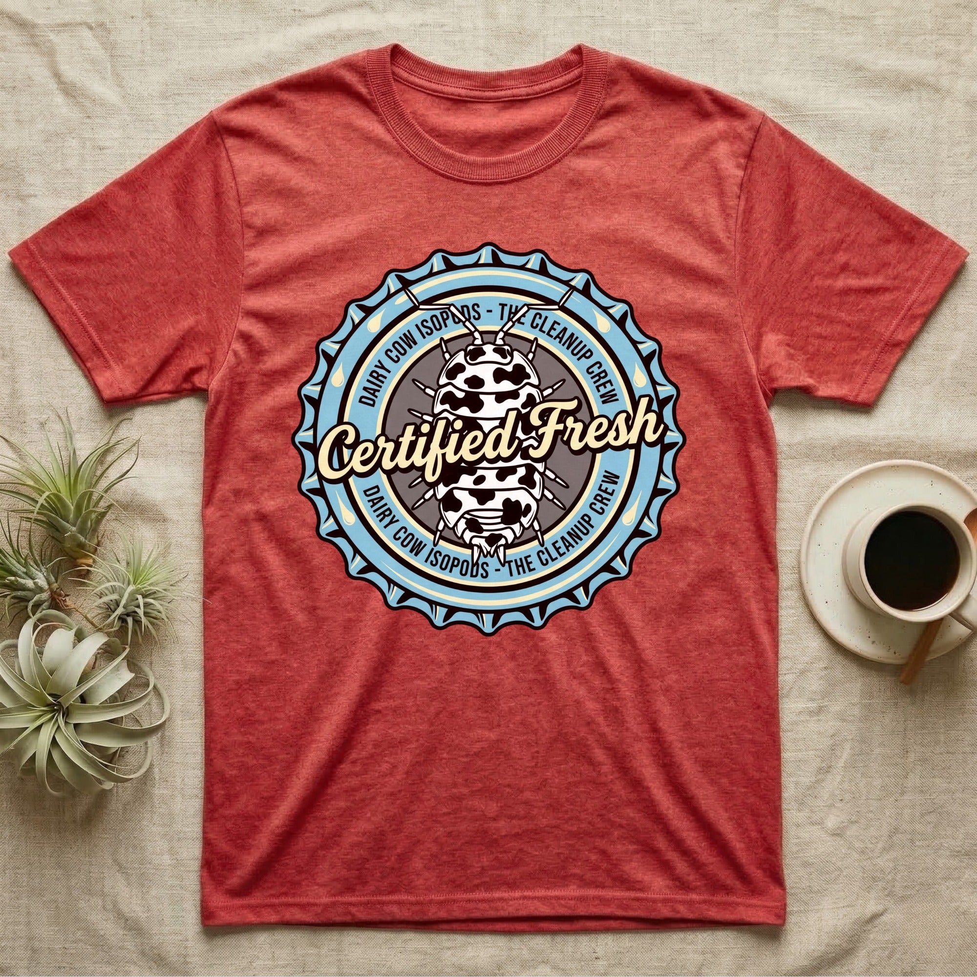Red t-shirt with a bottle cap logo featuring "Certified Fresh" and cow isopods.