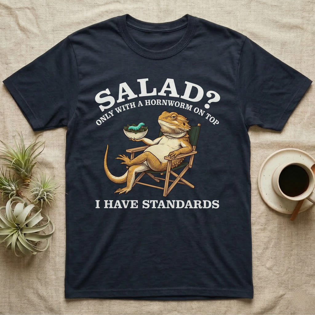 Bearded Dragon Standards T-Shirt in Navy — Engraved bearded dragon in a camp chair holding greens topped with a hornworm under text Salad? Only With a Hornworm on Top