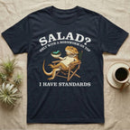 Bearded Dragon Standards T-Shirt in Navy — Engraved bearded dragon in a camp chair holding greens topped with a hornworm under text Salad? Only With a Hornworm on Top