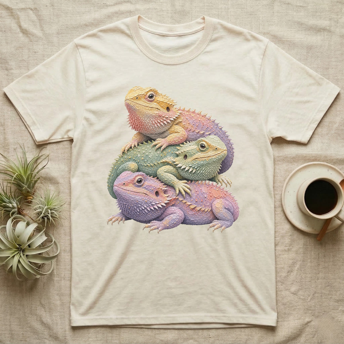 T-shirt with three colorful, stacked bearded dragons in pastel tones.