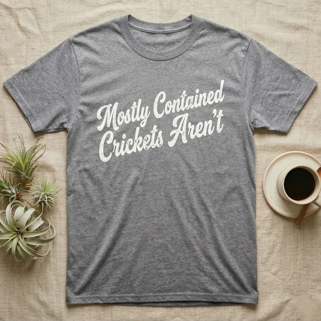 Reptile Cricket Escape T-Shirt in Sport Grey — Distressed off-white 1970s brush script reading Mostly Contained, Crickets Aren't, climbing a diagonal on charcoal grey