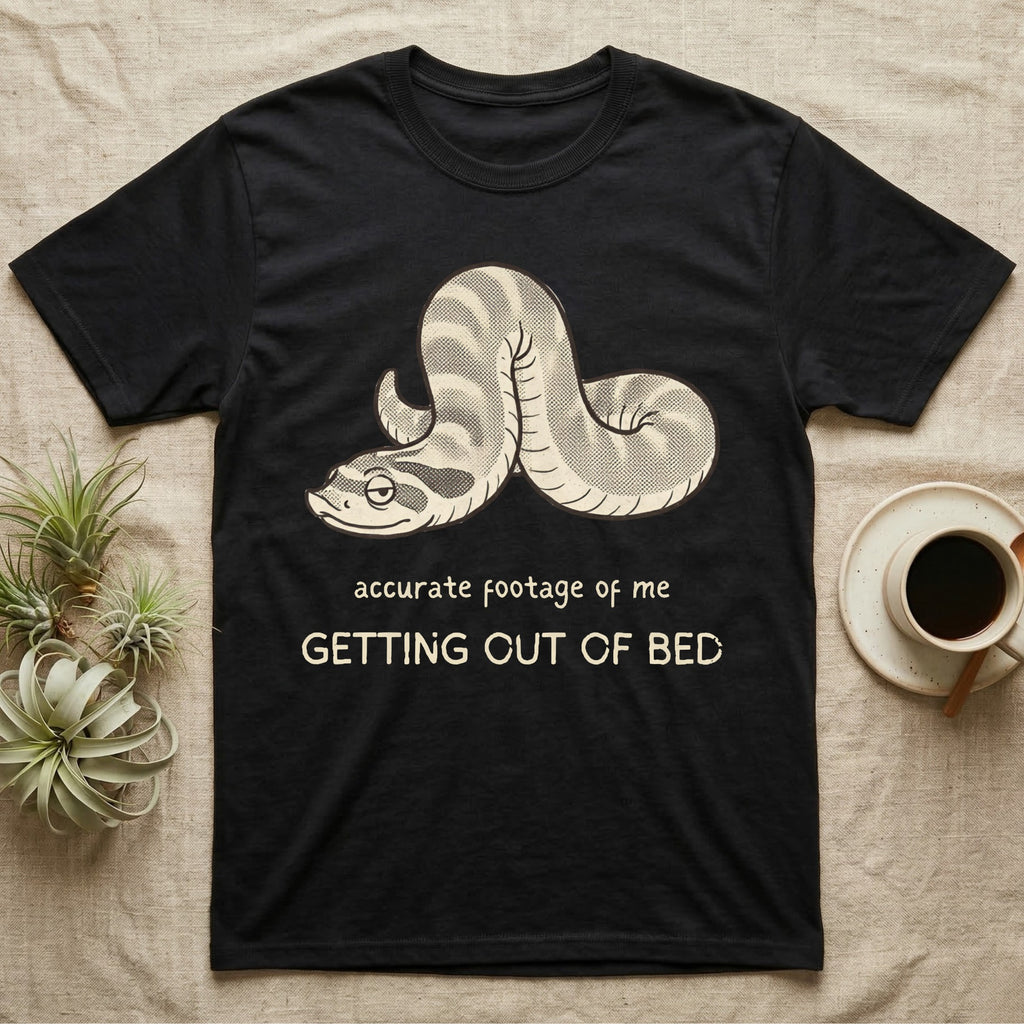 Hognose Morning Mood T-Shirt in Black — Retro-illustration of a hognose snake flopped limp with hand-drawn marker text about getting out of bed.